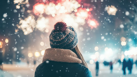 Woman watching colorful fireworks light up the snowy night sky, filled with New Year excitement and hope.の素材