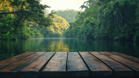 Wooden table on water, with a rich green forest behind, highlighting nature's beauty in a tranquil settingの素材