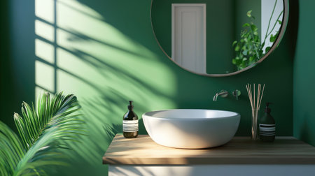A modern bathroom design with a clean sink and mirror, complemented by a rich green wall, adding a touch of natural serenity.の素材