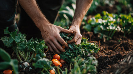 Hands working with vegetable waste in a garden compost pile, highlighting the sustainable practice of organic composting.の素材