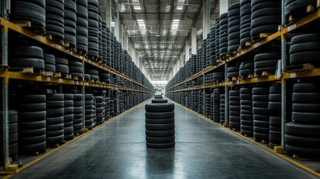 Aisles of stacked car tyres in a factory storage area, illustrating the massive scale of tyre production and storage.の素材