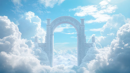 Heavenly gate with clouds, set against a serene blue sky background, representing a peaceful and divine atmosphere.の素材