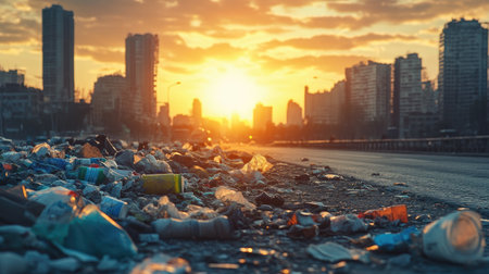 Garbage scattered on a city road at sunset, reflecting urban pollution and the need for better waste management.の素材