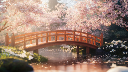 Beautiful spring scene with a wooden bridge surrounded by cherry blossoms, showcasing the tranquility of nature.の素材