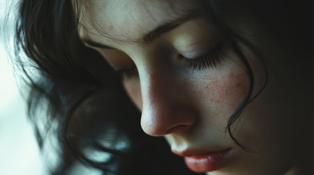 Intimate close-up of a woman with a sad expression, highlighting the raw emotion of grief or melancholy.の素材