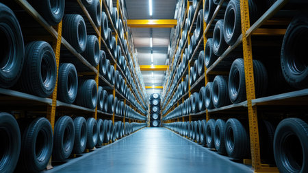 Stacks of car tyres lining the aisles of a factory storage area, representing the automotive industry's scale and efficiency.の素材