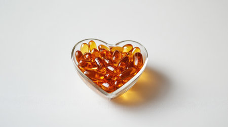Fish oil capsules in a heart-shaped cup, set against a white background, emphasizing health, nutrition, and wellness.の素材