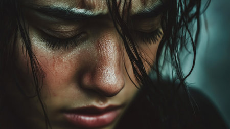 Sadness etched on a woman's face in a close-up shot, capturing the depth of her emotional struggle.の素材