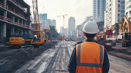 A focused engineer on-site, with a backdrop of roadwork equipment and construction materials, showcasing the essentials of civil engineering.の素材