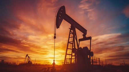 A silhouetted oil pump stands out against a fiery sunset sky, capturing the industrial scene at dusk.の素材