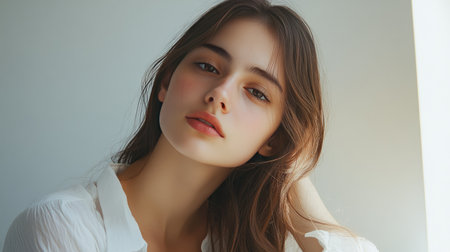 A young woman in a white shirt, her hair gently falling around her face, looking at the camera with a thoughtful and introspective gaze.の素材