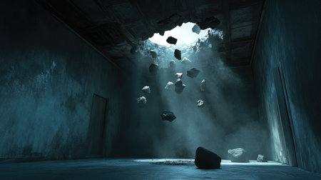 Mysterious dark room with a large hole in the ceiling, where rocks are falling, creating an unsettling, suspenseful scene.の素材