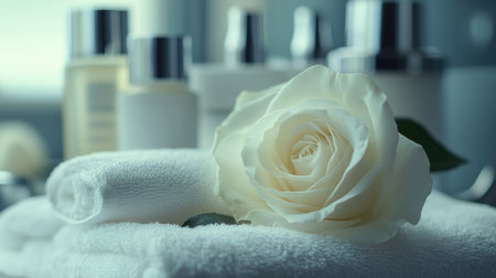 Aesthetic arrangement of a white rose, hair care products, and soft towels, evoking a sense of luxury and pampering, spa-like atmosphere.の素材