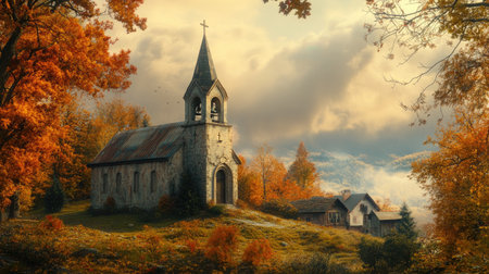 An old, weathered church with a bell tower, standing on a hill overlooking a small village, surrounded by autumn trees.の素材