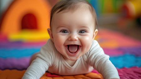 A baby playing on a mat, bright eyes and a wide grin, showcasing the happiness and energy of infancy, colorful background.の素材