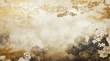A harmonious composition of golden brush art on Japanese paper, with intricate patterns and a soft, muted background.の素材