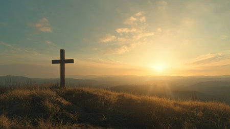 A cross on a hill, with the sun setting behind it, casting a golden glow over the landscape, symbolizing faith and hope.の素材