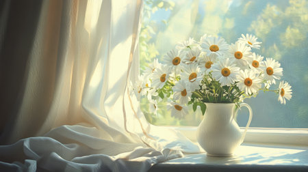 A vase of white daisies on a table near a window, curtains partially drawn, sunlight filtering through with gentle shadowsの素材