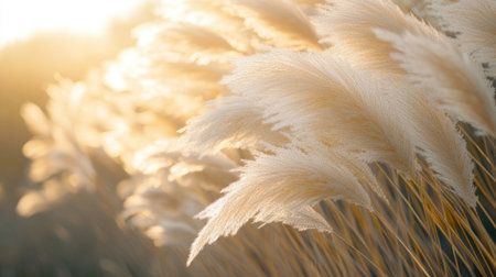 Close-up of pampas grass moving gracefully with the wind, soft focus on the feathery plumes, evoking a sense of calm and tranquility.の素材