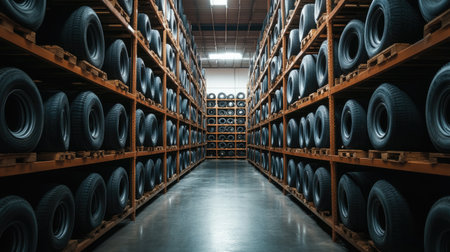 Industrial storage space filled with neatly stacked car tyres, highlighting the extensive inventory and logistical precision.の素材