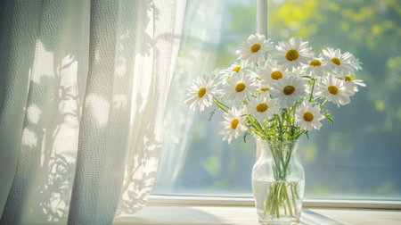 A vase of white daisies on a table near a window, curtains partially drawn, sunlight filtering through with gentle shadowsの素材