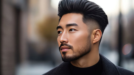 Asian man with a stylish haircut and well-groomed beard, his skin glowing, embodying the essence of men's beauty and self-care.の素材