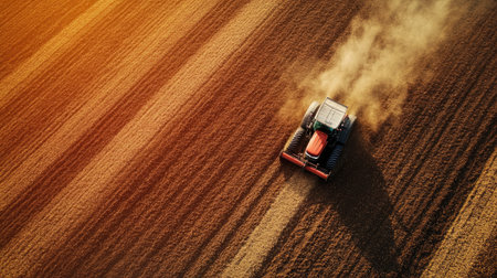 A vibrant scene of a tractor on a soybean farm, with a farmer preparing the soil, representing the essence of modern agriculture.の素材