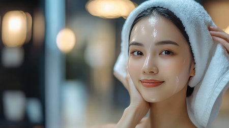 Asian woman in a beauty salon, gently drying her hair with a towel, her skin smooth and well-cared for, capturing a moment of self-care.の素材