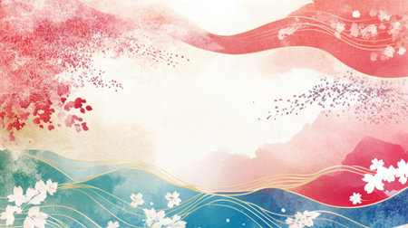 A textured background of washi paper, with delicate watercolor brush art and subtle wave patterns, perfect for a Japanese-style New Year card.の素材