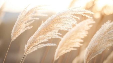 Close-up of pampas grass moving gracefully with the wind, soft focus on the feathery plumes, evoking a sense of calm and tranquility.の素材