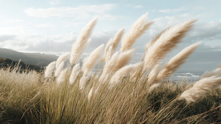Scenic view of pampas grass in a gentle wind, the soft plumes creating a dynamic and peaceful landscape.の素材