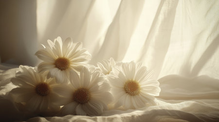 Close-up of white daisies arranged on a table, light seeping through curtains, soft shadows enhancing the setting.の素材