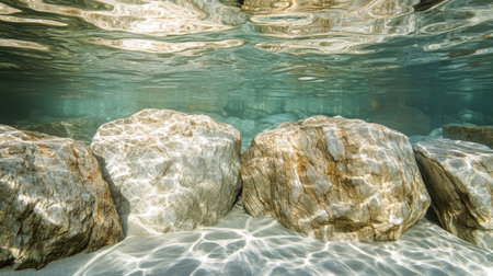 Close-up view of a marble slab beneath a clear, transparent water surface, highlighting the beauty of natural stone textures.の素材