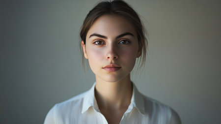 Portrait of a young woman wearing a white shirt, her eyes meeting the camera, conveying a sense of openness and poiseの素材