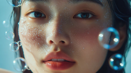 Close-up of an Asian woman face, with soap bubbles adding a whimsical touch to her glowing skin, capturing a playful moodの素材