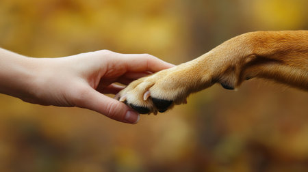 Close-up of a human hand and a dog paw touching, illustrating the connection and mutual trust between them.の素材