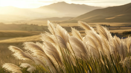 Scenic view of pampas grass in a gentle wind, the soft plumes creating a dynamic and peaceful landscape.の素材