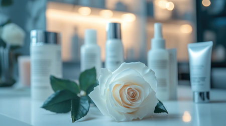 White rose in a serene beauty salon, alongside skin care products, symbolizing natural beauty and rejuvenation, soft lighting.の素材