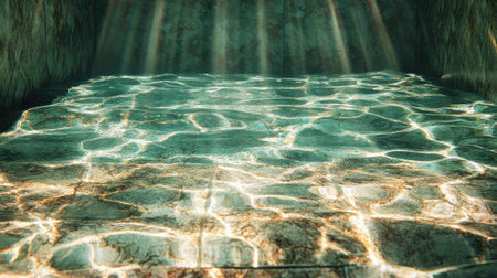 View of a marble pool floor through a transparent water surface, with sunlight casting subtle patterns and reflections.の素材