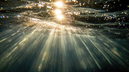 The sun rays shining through the water, as seen from a submerged perspective, casting a warm and radiant light.の素材