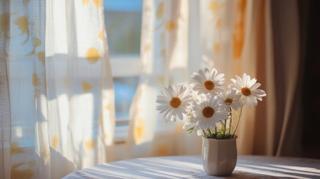 White daisies on a table by a window, sunlight creating a play of light and shadow through the semi-transparent curtainsの素材