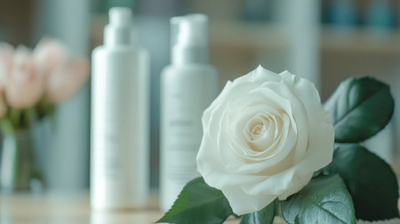 White rose next to a set of hair care products, reflecting the essence of natural beauty and elegance, ideal for a beauty salonの素材