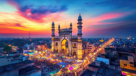 Charminar in Hyderabad: The Charminar monument in Hyderabad, with bustling markets and colorful lights, highlighting the cultural blend of the city.の素材