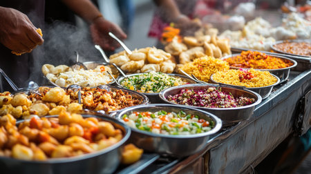 Chaat Platter at a Street Vendor: A platter of assorted chaat including pani puri, bhel puri, and sev puri from a bustling Indian street vendor.の素材