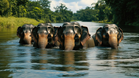 Elephants Bathing in a River: A group of elephants enjoying a bath in a river, highlighting the bond between these gentle giants and their natural habitat.の素材