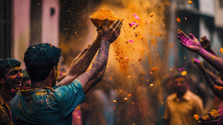 Colorful Holi Festival Celebrations: People throwing colored powders and water during Holi, capturing the vibrant and playful spirit of this festival. -の素材