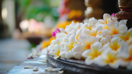 Frangipani Flowers on a Temple Altar: Frangipani flowers arranged on a temple altar, used in religious offerings and symbolizing devotion and spirituality.の素材