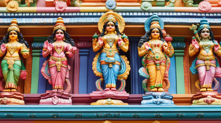 Hindu Temple with Colorful Idols: A Hindu temple adorned with colorful idols of gods and goddesses, symbolizing the diverse religious practices in India.の素材