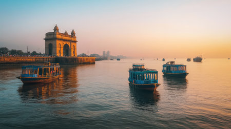 Gateway of India with Boats: The Gateway of India with boats floating nearby in the Arabian Sea, representing the iconic landmarks of Mumbai.の素材