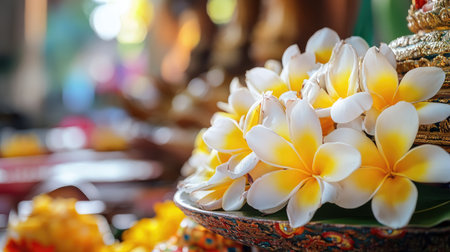 Frangipani Flowers on a Temple Altar: Frangipani flowers arranged on a temple altar, used in religious offerings and symbolizing devotion and spirituality.の素材